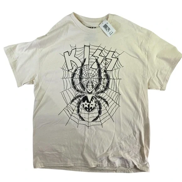 KISS Spider Web Graphic Tee XL Band Tour T-Shirt Beige Rock Vintage Style - Picture 2 of 6